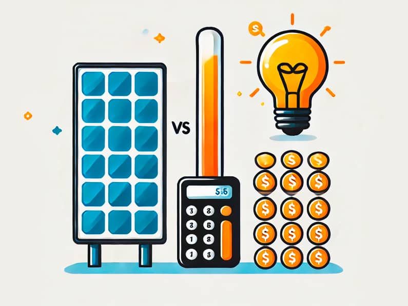 Comparativa de costes: energía solar frente a energía convencional, destacando ahorro y sostenibilidad.