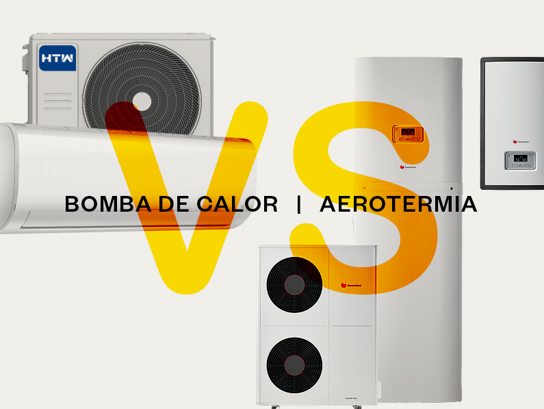 Comparación entre bomba de calor y aerotermia, con imágenes de equipos de climatización.